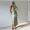 Asymmetrical Midi Dress Women's Silky Look with Side Slit | R&V - 1 - Rokvane