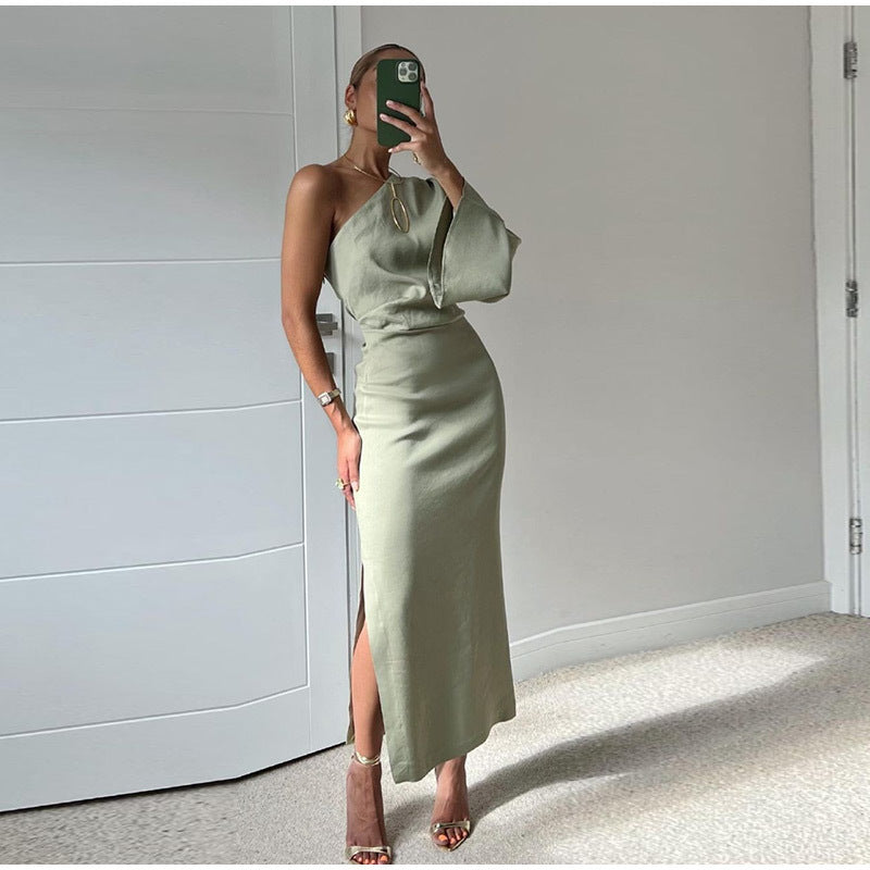 Asymmetrical Midi Dress Women's Silky Look with Side Slit | R&V - 1 - Rokvane
