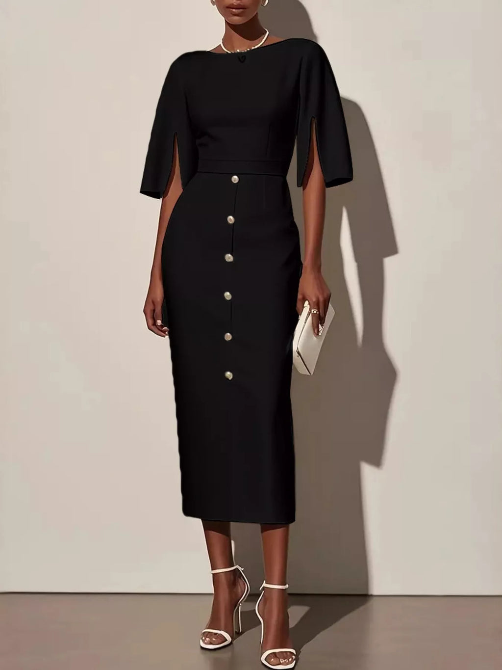 Rochie Midi Damă cu mâneci evazate și detalii cu butoni | M&R - 1 - Modariox
