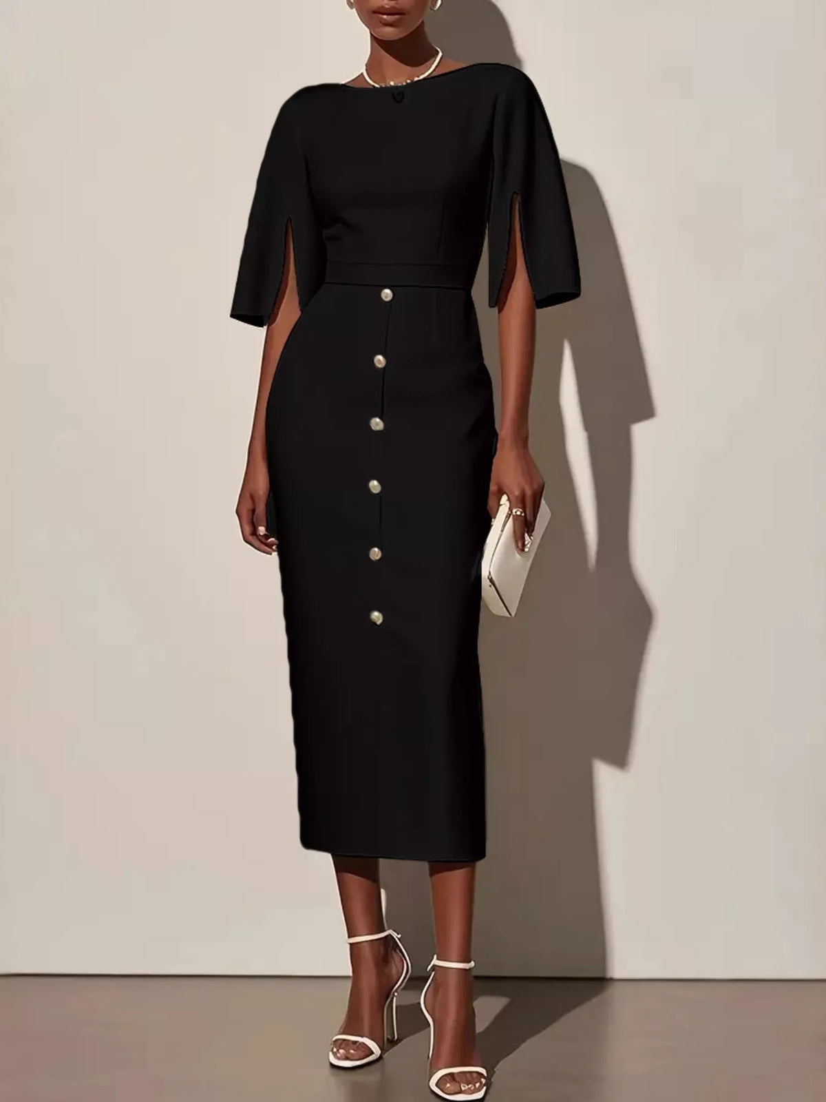 Rochie Midi Damă cu mâneci evazate și detalii cu butoni | M&R - 1 - Modariox