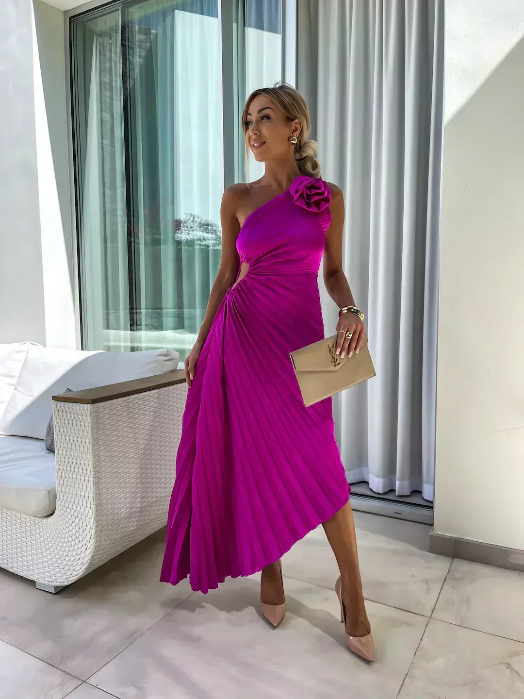 Rochie asimetrică damă cu volan și detaliu floral | M&R - 6 - Modariox
