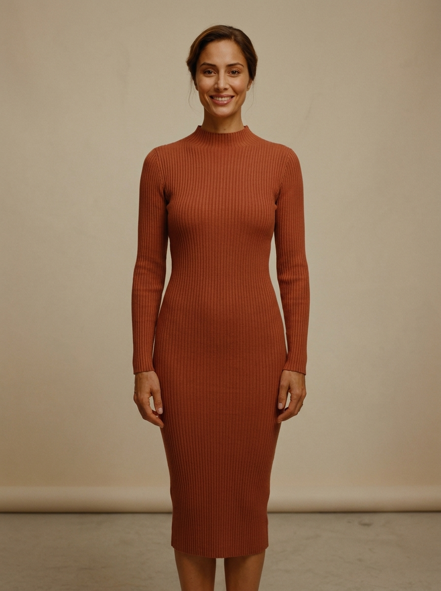 Rochie Midi din Tricot Reiat Teracotă — Modariox