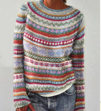 Pullover damă cu guler rotund și imprimeu colorat - 3 - Modariox